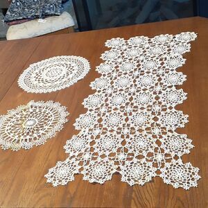 3 pc bundle of vintage ecru 34" X 16" tatted runner and 10" & 12" doilys